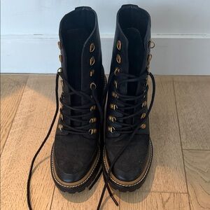 Tory Burch Black Lace-Up Combat Boots with Gold Hardware